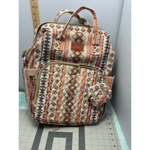 Rosegin Diaper Bag Backpack Tribal Geometric Print with Changing Pad Orange - Picture 2 of 8